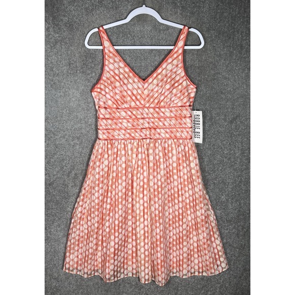 Robbie Bee Babydoll Dress Womens Size 10P Coral Polka Dot Stripes Sleeveless New - Picture 1 of 7